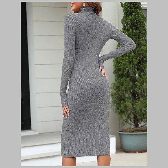 Women's Turtleneck Ribbed Knit Long Sleeve Slim Fit Sweater Dress Grey-141 - Picture 4 of 6